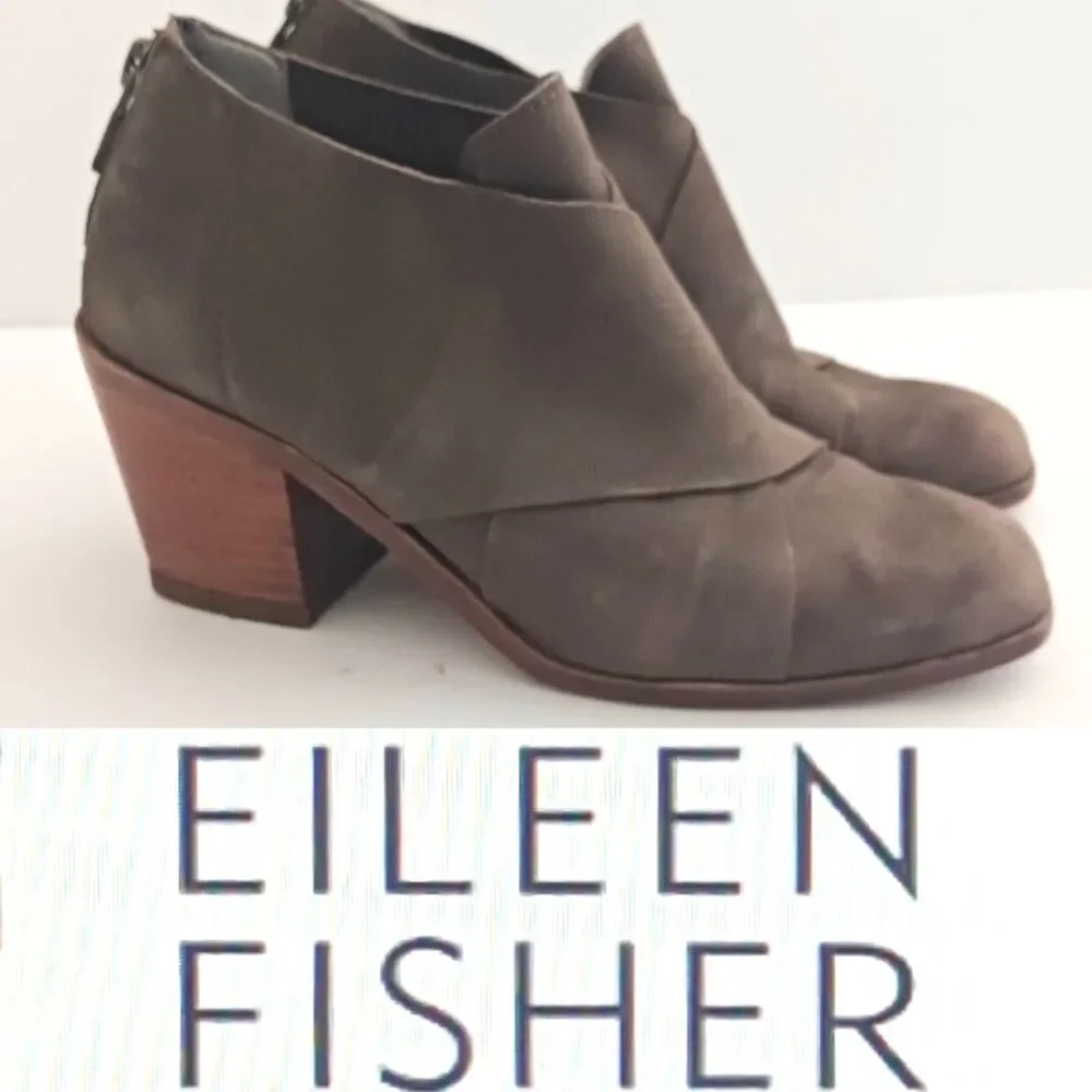 Eileen Fisher Ember Mushroom Brown Suede Ankle Boot Sz 5 Wood Block Heel Zip